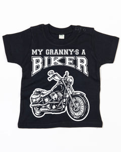 My Granny's a Biker Cool Baby T Shirt in Black, Womens Clothing - Fat Skeleton UK