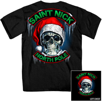 Saint Nick Skull North Pole The Bikers Christmas T Shirt, Mens Clothing - Fat Skeleton UK